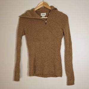 Neiman Marcus Tan Brown Cashmere Asymmetric Zip Polo Sweater Turtleneck S